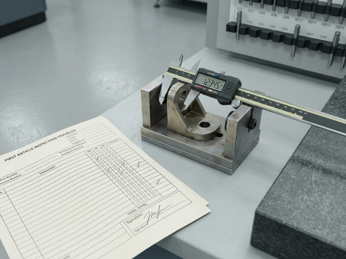CMM inspection bench with a precision-machined component under caliper check and a first-article inspection traveler