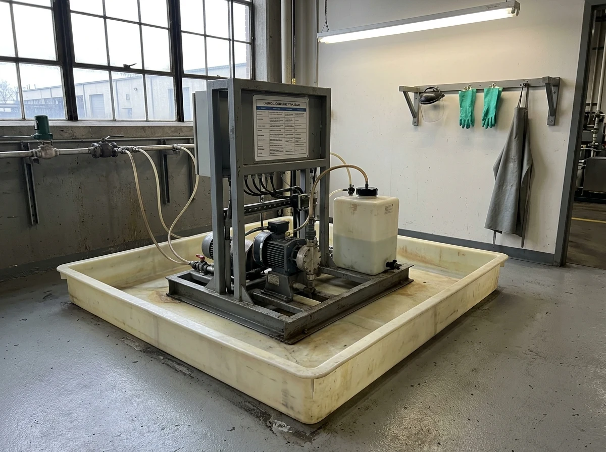 Chemical dosing skid with secondary containment and a wall-mounted PPE rack under industrial daylight