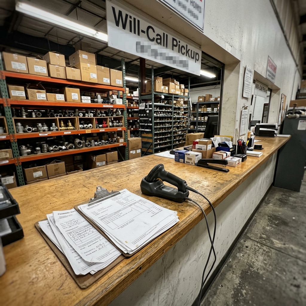 Distributor branch will-call counter with packing slips, a barcode scanner, and shelving stocked with pipe fittings and valves in the background
