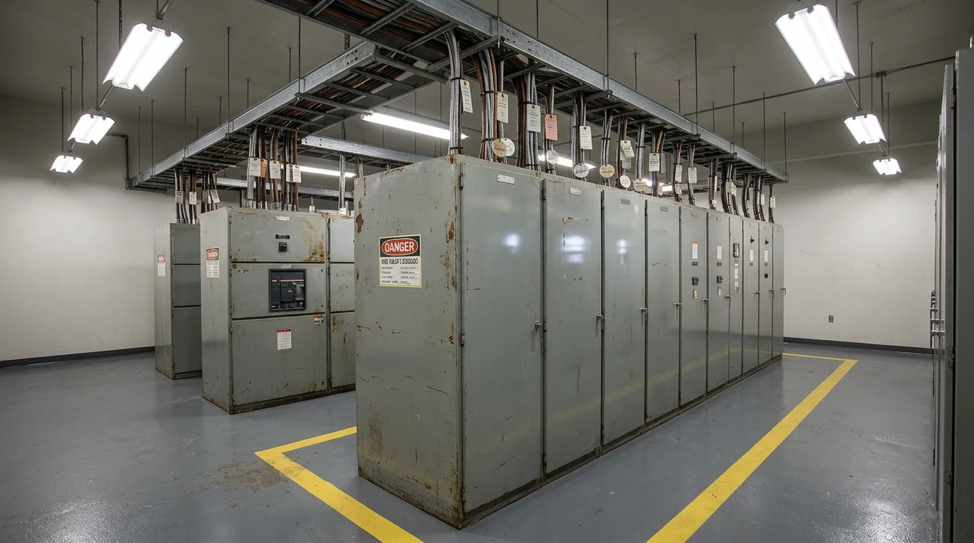 Substation switchgear room with cable management and a warning placard under high-bay fluorescent lighting