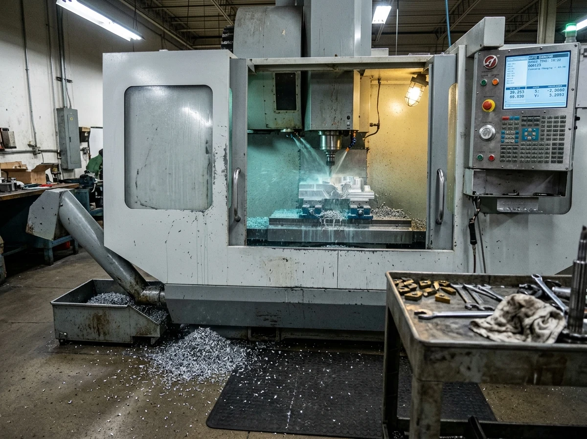 CNC machining center mid-cycle with visible coolant spray and metal swarf under mixed shop lighting