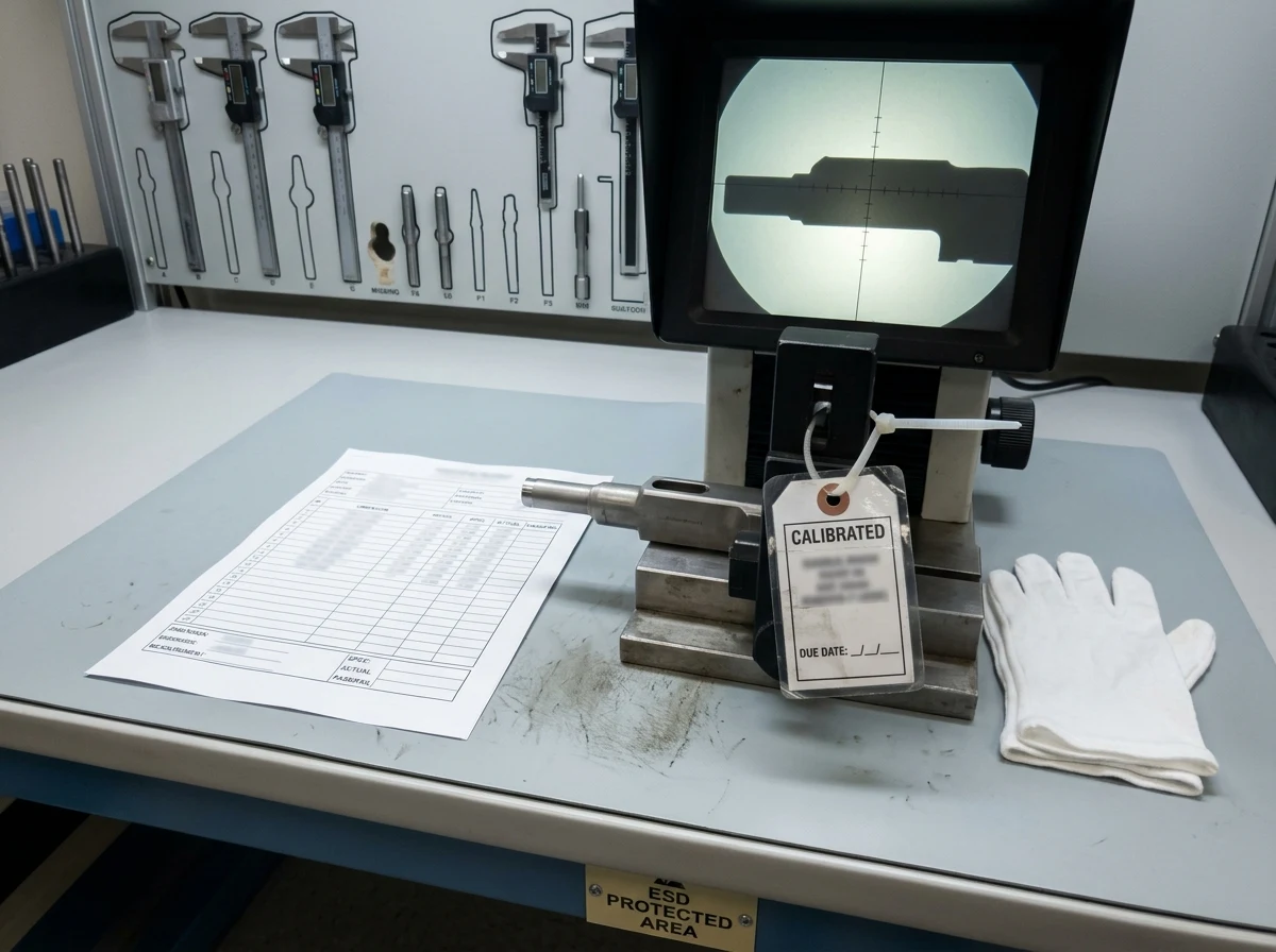 In-process QC inspection bench with a component under an optical comparator, an inspection record, and a calibration tag
