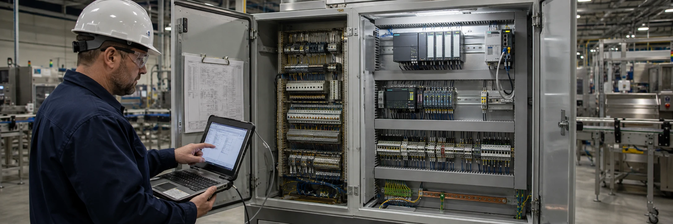 Technician reviewing an open PLC control cabinet with labeled terminal blocks and I/O modules on a factory floor
